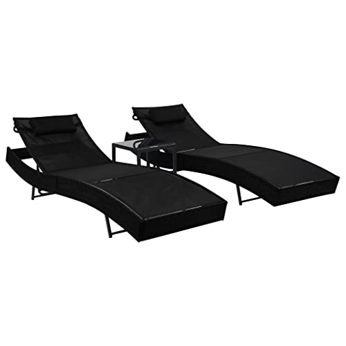 Sun Loungers 2 pcs, Balcony Chairs Bed Chair Patio Chairs Layout Chairs Suitable for Balcony Clearance Outside Deck with Table Poly Rattan and Textilene Black