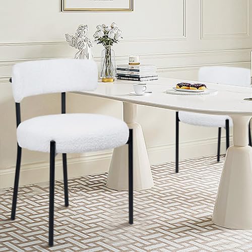 CLATINA White Boucle Dining Room Chairs, Dining Chairs Set of 1, Mid-Century Modern Kitchen Chair Curved Backrest Round Upholstered Sherpa Dining Chair with Metal Legs