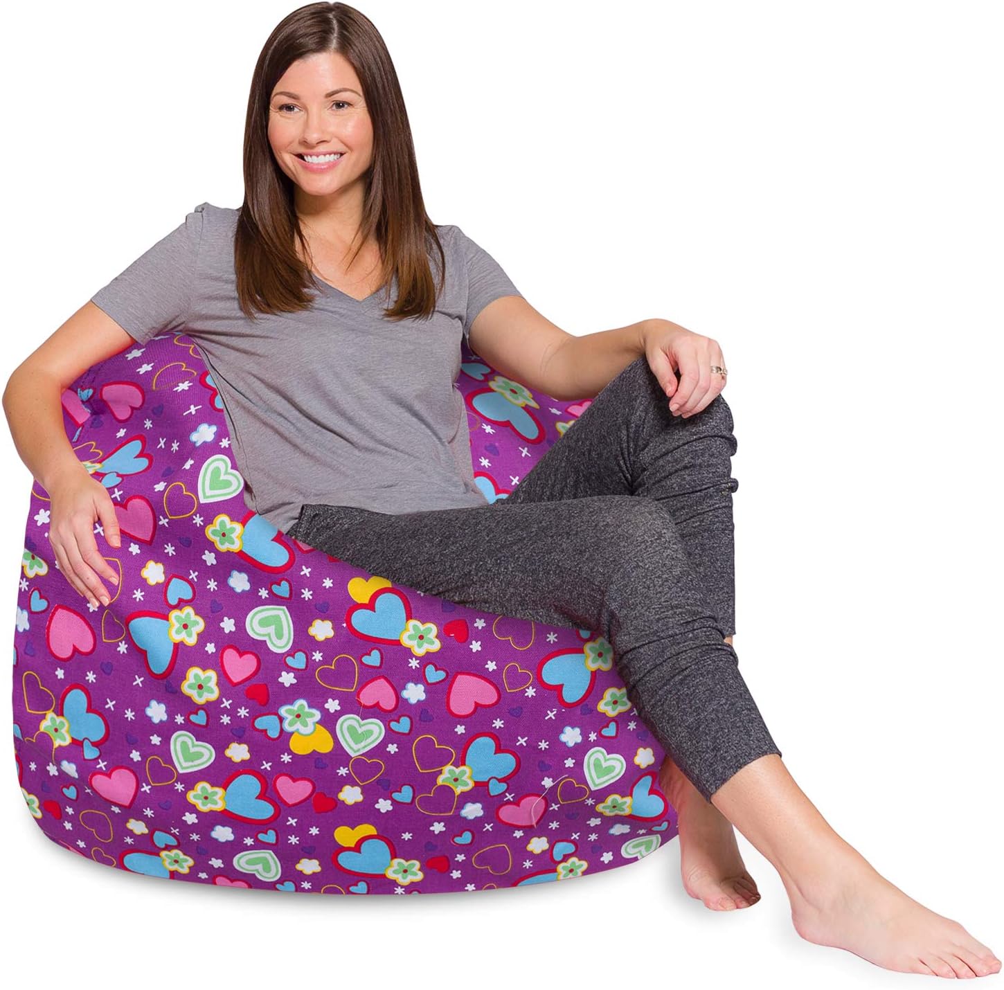 Posh Creations Bean Bag Chair for Kids, Teens, and Adults Includes Removable and Machine Washable Cover, 48in - X-Large, Canvas Multi-Colored Hearts on Purple