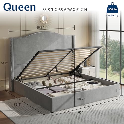 Jocisland Lift Up Storage Bed Queen Size, Upholstered Platform Bed Frame Tall Headboard Wingback, Hydraulic Lifting Underneath/Wood Slats Support (Black)