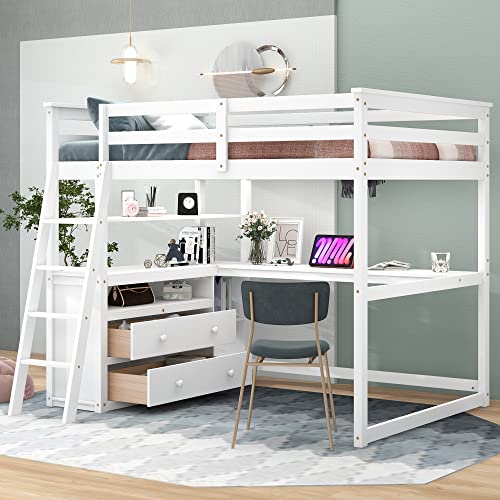 Bellemave Full Size Loft Bed with Desk & Storage, Solid Wood Loft Bed Frame with Drawers & Shelves, for Kids Teens Adults - White