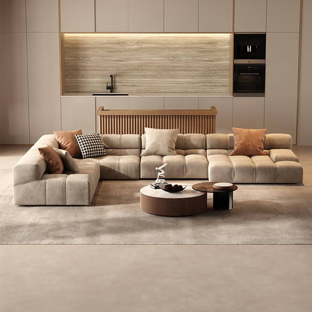 Living Room Sectional Sofa with Chaise Lounge, Ottoman, Beige