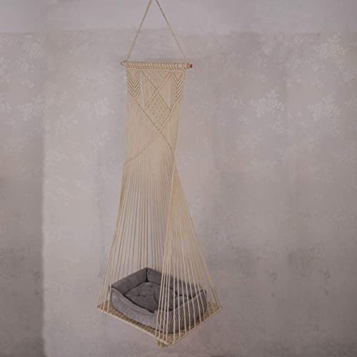 Cat Bed Cat Hammock Macrame Cat Swing Bed Cat Cage Cotton Rope Hanging Cat House Cats Toy Tassel Basket Tapestry (white)