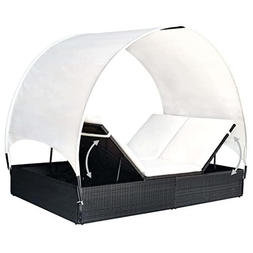 Double Sun Lounger with Canopy Poly Rattan Black,Escape to Relaxation with Our Premium 2Person Sun Lounger with Canopy Sun Loungers, Chaise Lounges, Patio Furniture