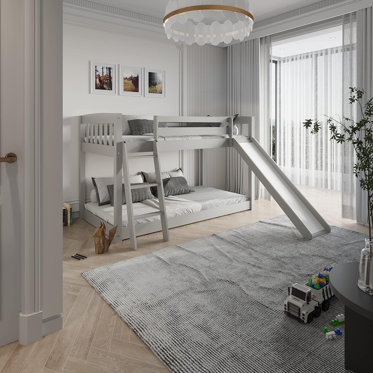 Kids Bunk Bed Twin Over Twin with Slide and Stairs, Heavy Duty Solid Wood Twin Bunk Beds, Toddler Bed Frame with Safety Guardrails, Grey