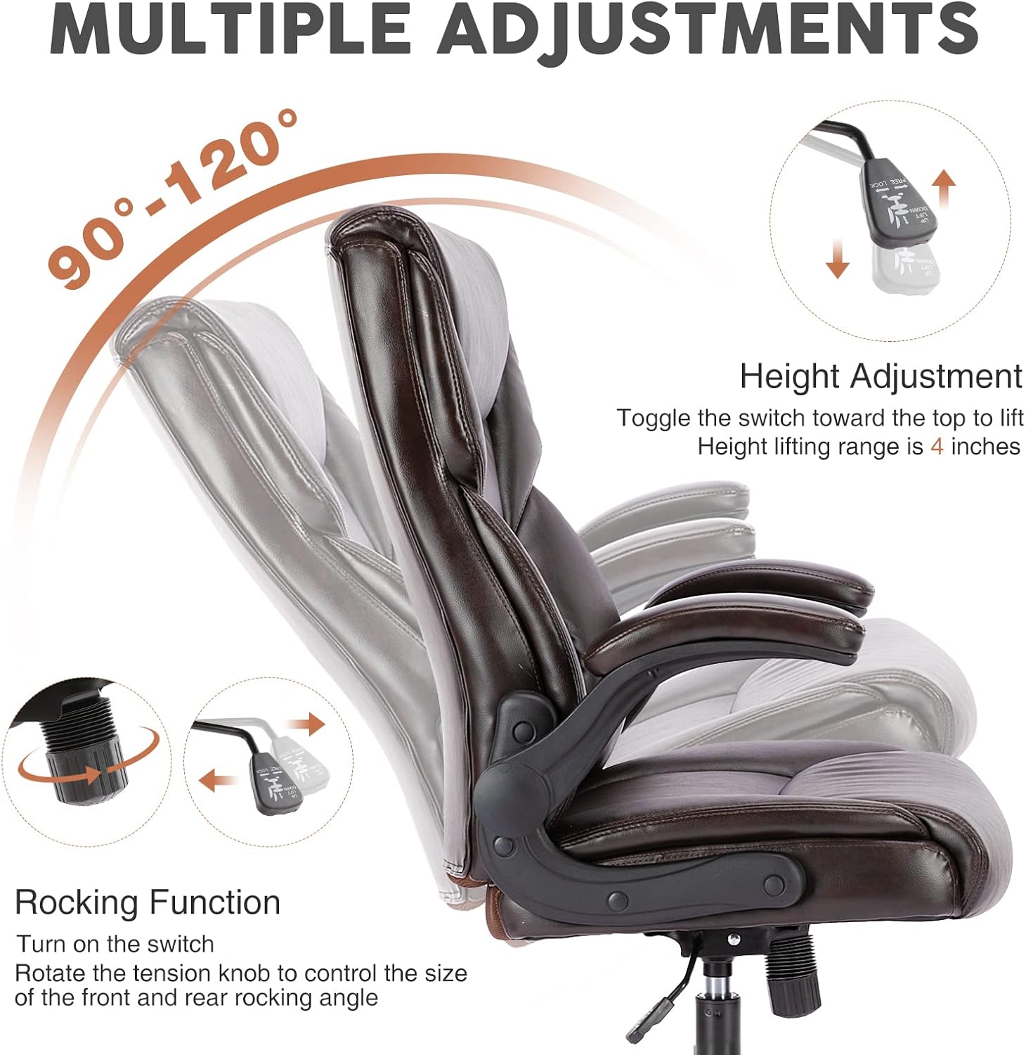 Executive PU Leather High Back Flip-Up Armrest Adjustable Ergonomic Home Office Desk Chair, Brown