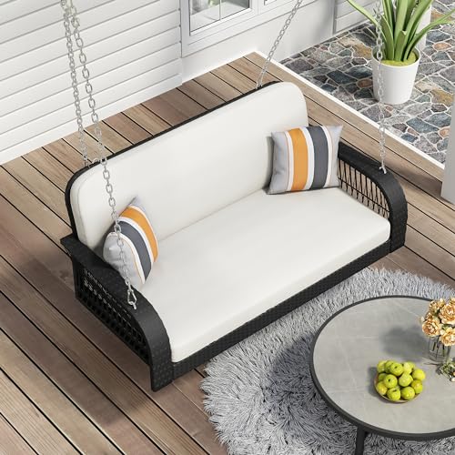 PE Wicker Porch Swing, 2-Seater Hanging Bench with Chains, Patio Furniture Swing All Weather Design,Bearing 500Lbs 2-Person Wicker Hanging Porch Swing for Backyard,Garden,Poolside (Beige+Black)