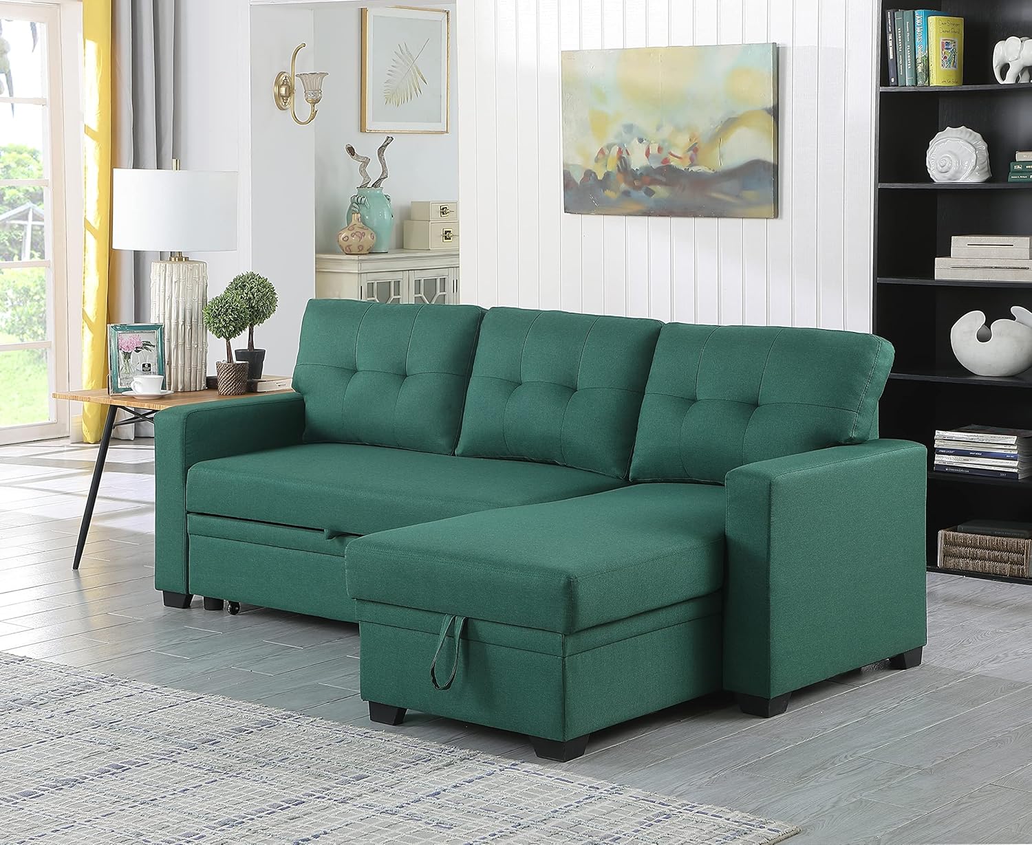 Upholstered Pull out Sectional Sofa with Chaise (Green)