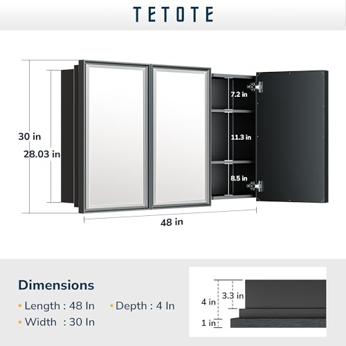 TETOTE 60x30 Inch Medicine Cabinet Silver Framed Bathroom with Mirror Aluminum Framed Surface or Recessed Wall-Mounted Medicine Cabinets Beveled Mirror with Storage 3 Door Modern Farmhouse