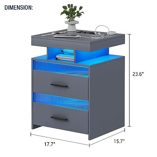 OUTDOOR DOIT Night Stand with Charging Station (Wireless,USB,Type-C) and LED Lights, Modern Side Table, Smart Nightstand with 2 Drawers, End Table for Bedroom Living Room (Black)