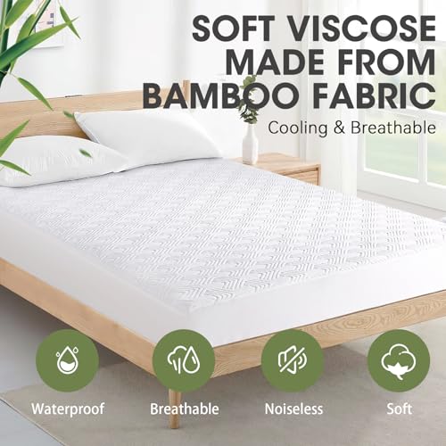 100% Waterproof Mattress Protector Queen Size Viscose Made from Bamboo Mattress Pad Cover Noiseless Washable with Deep Pocket Up to 21