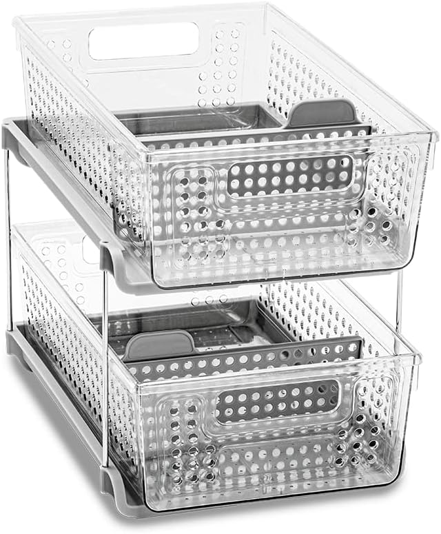 madesmart 2-Tier Organizer Multi-Purpose Slide-Out Storage with Handles and Dividers for Home and Bath, BPA Free, Pack of 1, Clear