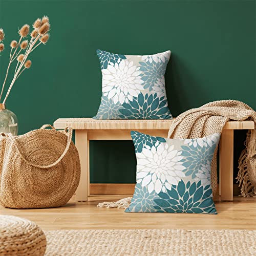 Navy Blue Sage Green Teal Pillow Covers 18x18 Inch Set of 2 Dahlia Floral Decor Throw Pillows Summer Modern Geometry Flower Outdoor Decorative Cushion Cases for Sofa Couch Bed Decorations