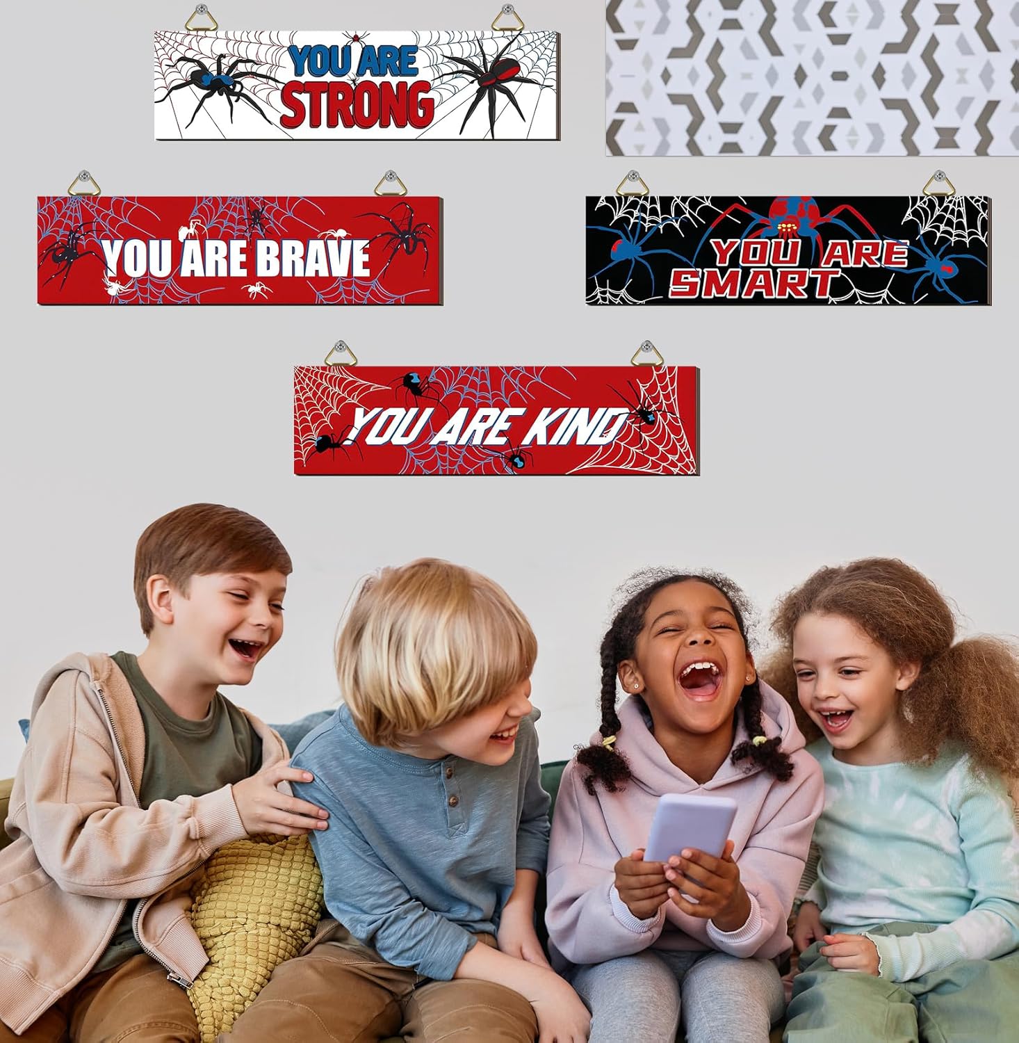 Spider Web Bedroom Wall Decor, [4 PCS] Boys Room Decor for Kids Inspirational Wooden Hanging Wall Sign Cartoon Decor, Motivational Quote Car Wall Decor for Boys Kids Nursery Playroom Kindergarten