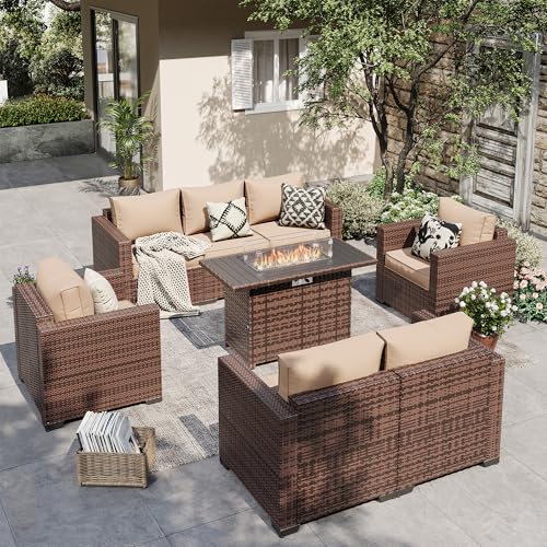 Outdoor Patio Furniture Set, 5 Piece Patio Conversation Sets with Storage Table, Wide Armrest Outside Sectional Sofa with Waterproof Covers for Porch, Backyard, Balcony, Poolside(Khaki)