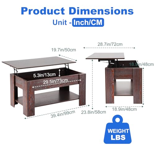 Coffee Table Lift Top Coffee Tables with Hidden Compartment Storage Lift Tabletop Dining Table for Home,Brown