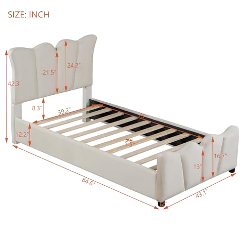 Queen Size Platform Bed with Thick Fabric, Teddy Fleece Upholstered Platform Bed with Curve-Shaped Design Headboard, Solid Wood Bed Frame for Boys Girls Kids Teens Adul (Gray + Fleece-21K)