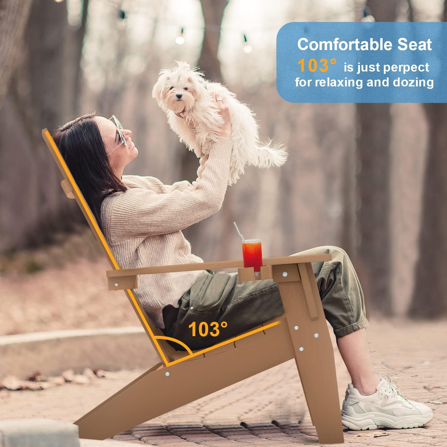 MXIMU Adirondack Chair & Ottoman 4-Piece Set, Weather Resistant Plastic Chairs with Cup Holder Adorondic Set for Area Seating Lifetime Wide Use in Backyard, Garden, Lawn, Porch (Teak)