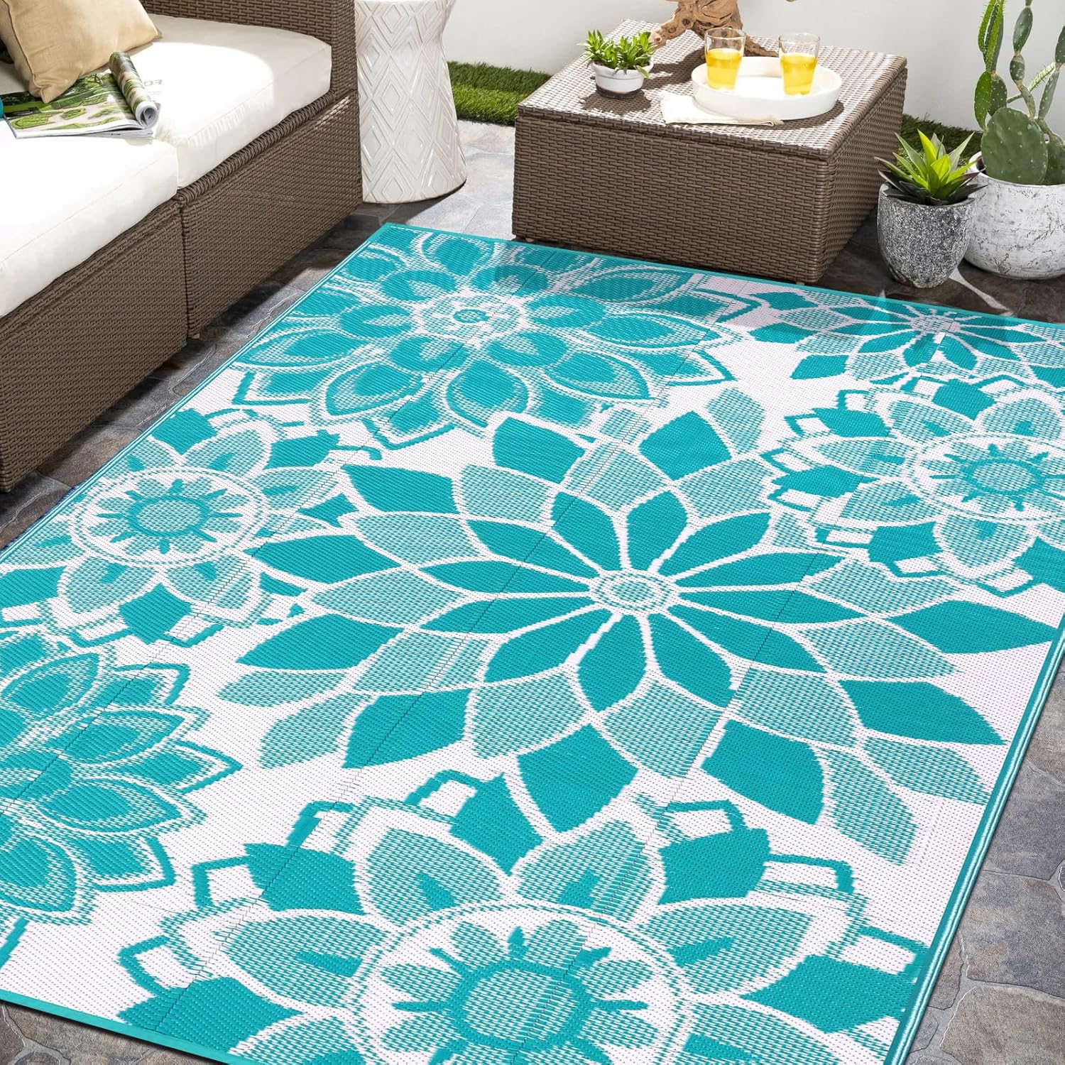 LOKHOM Outdoor Rug for Patio, 6'x 9' Reversible Plastic Straw Area Rugs Mat, Waterproof Mat for Camper Indoor Outdoor Carpet for Rv Deck Porch Picnic Beach Balcony, Teal & White
