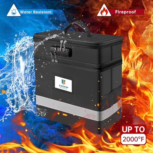 Fireproof File Box with Lock, 5200°F Document Box Storage Organizer, Suitable for Hanging File Folders in Letter Size, Collapsible Box, Reflective Strip for Fast Find (16.6*12.6*10.2, Black)