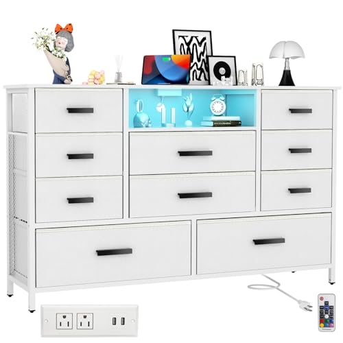 Dresser with Charging Station, Black Dresser for Bedroom with 10 Drawers, TV Stand Dresser with LED Light for 55