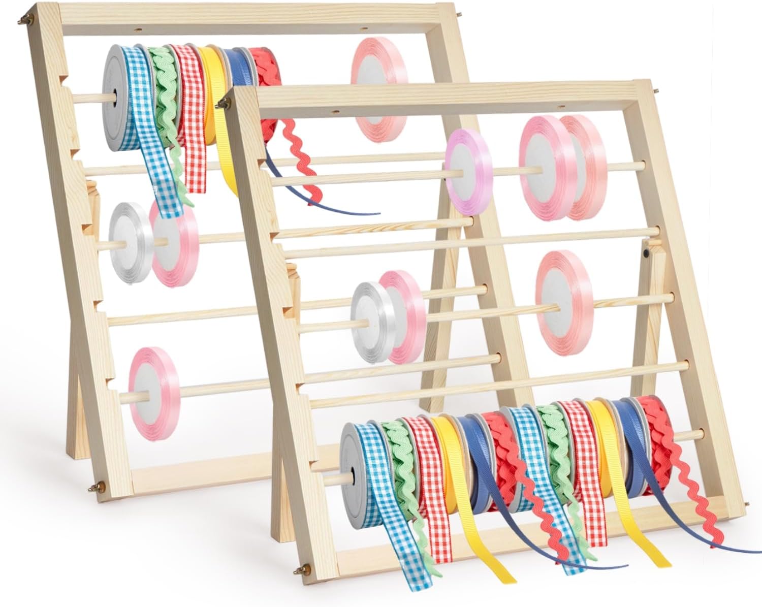 ikare Ribbon Organizer,2 Pack Wooden Ribbon Holder Organizer Rack,Gift Wrapping Craft Ribbon Storage Shelf for Craft Room Cake Shop Flower Store,for Gift Wrapping Paper Vinyl Rolls Arts Crafts Items