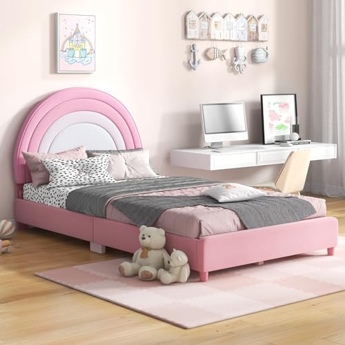 Costzon Twin Bed Frames with Adjustable Headboard, 660 LBS Weight Capacity Upholstered Wooden Kids Bed w/Slats Support, No Box Spring Needed, Easy Assembly, Twin Platform Bed Frame (Pink Rainbow)