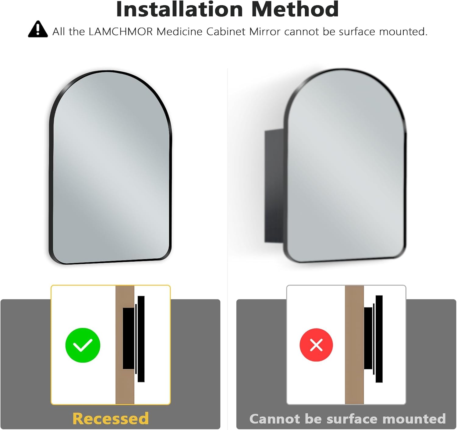 Arched Recessed Medicine Cabinet with Mirror, Farmhouse Black Metal Framed Bathroom Medicine Cabinet Mirror, Single Door Storage Medicine Cabinet with 16x24 Inch Vanity Mirrors