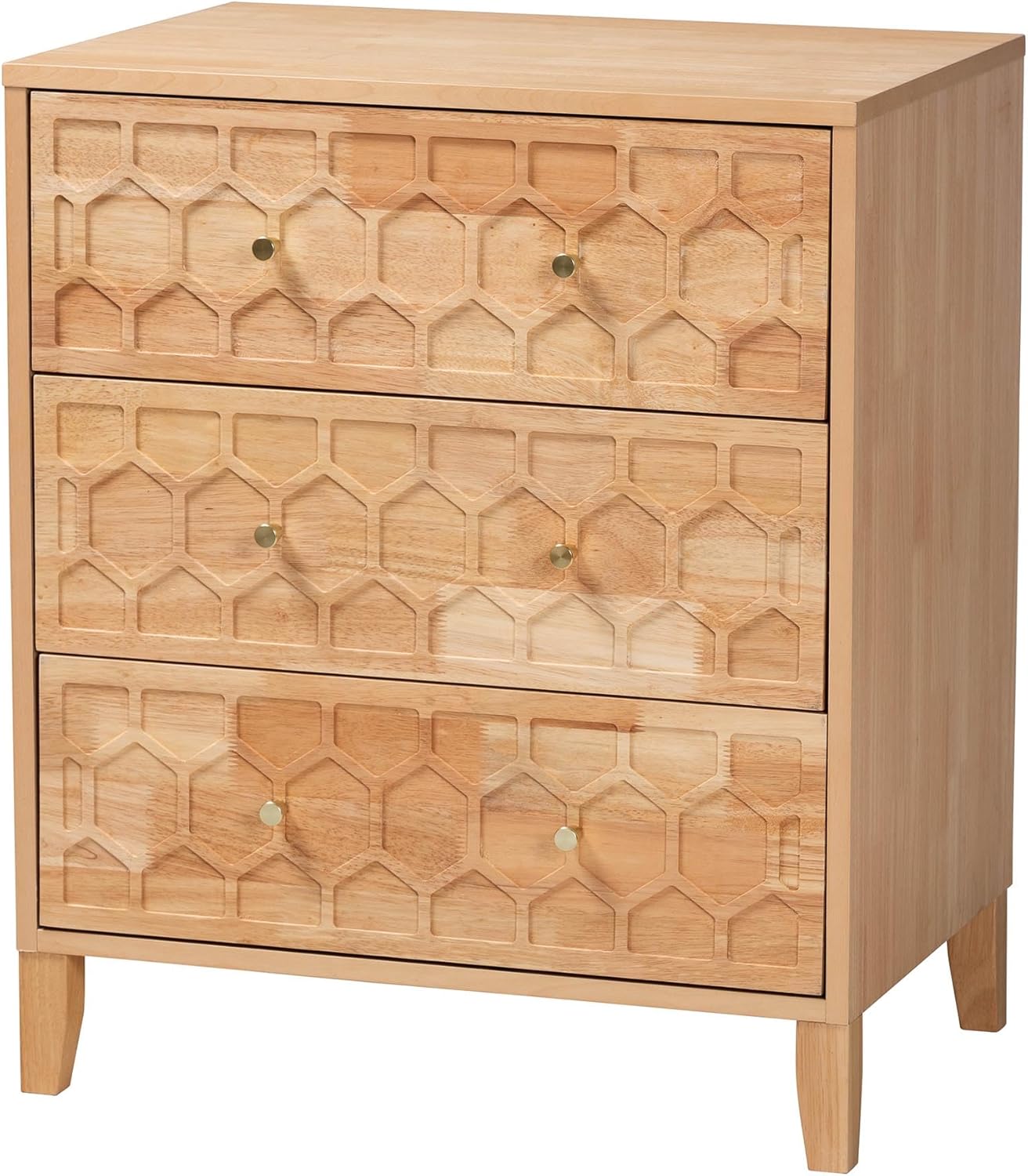 Baxton Studio Hosea Carved Honeycomb Chest, 3-Drawer, Natural