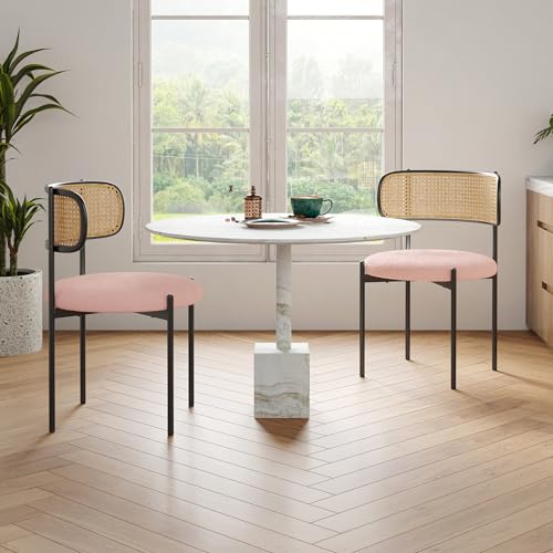 Farini Modern Upholstered Dining Chairs Set of 2,Rattan Back Dining Room Chairs,Accent Kitchen Chairs with Metal Legs,Green