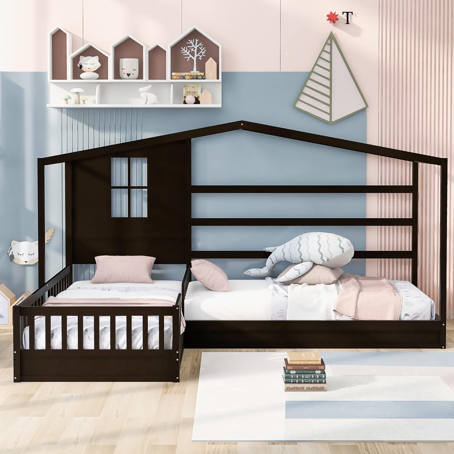 Twin Size L-Shaped House Bed for 2 Kids, Wood Double Bedframe with Fence & Roof & Window, for Boys Girls Bedroom, Espresso