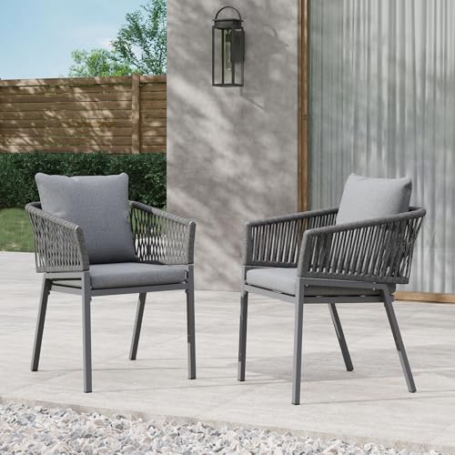 SUNSITT Patio Dining Chairs Set of 4, Outdoor Aluminum Dining Chairs with Woven Rope, All-Weather Patio Arm Chairs w/Cushions, Porch, Garden and Deck, Light Grey