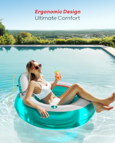 QPAU Inflatable Pool Floats, Pool Lounger Float with Backrest & Cup Holder, Heavy Duty Pool Floaties for Adults, 44