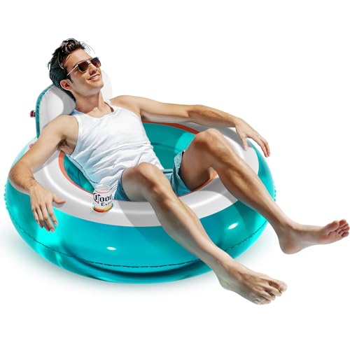 QPAU Inflatable Pool Floats, Pool Lounger Float with Backrest & Cup Holder, Heavy Duty Pool Floaties for Adults, 44