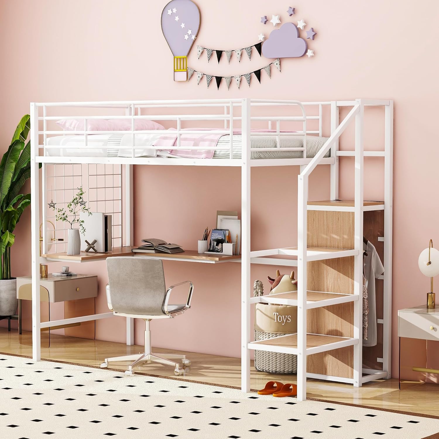 Bellemave Loft Bed with Desk and Stairs, Twin Size Loft Bed with Storage Wardrobe, Shelves and Grid, Heavy-Duty Metal Loft Bed Frame for Kids Teens Adults, White