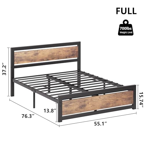 GAOMON Full Size Bed Frame Platform with Headboard, Industrial 14 inch Full Bedframe No Box Spring Needed, Easy to Assemble Noise Free Full Mattress Foundation, Retro Brown