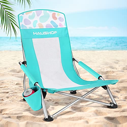 HAUSHOF High Back Beach Chair, Mesh Back Folding Chair, Lightweight Low Seat Camping Chairs with Cup Holder, Carry Bag, Padded Armrest for Outdoor Beach Lawn Camping Picnic Festival