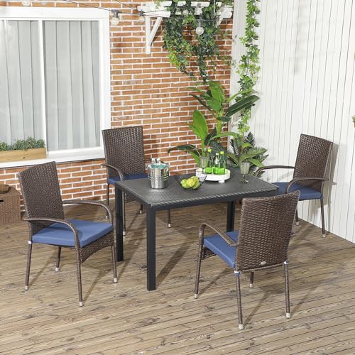 Outsunny Stackable PE Rattan Outdoor Dining Chairs with Cushions, Set of 4 Patio Wicker Dining Chairs with Armrests and Backrest for Patio, Deck, Blue