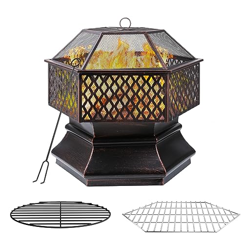 Outdoor Steel Fire Pit, Hex-Shaped Firebowl with Grill Mesh, Wood Coal Burning Fireplace, Fire bowl w/Flame-Retardant Mesh Lid & Poker, Portable Patio Picnic Bonfire BBQ (28“)