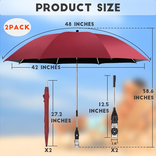 2 PCS Chair Umbrella with 360° Adjustable, UPF 50+ Chair Umbrella with Clamp, Beach Chair with Umbrella for Beach,Sand, Yard(Not Include Chair)