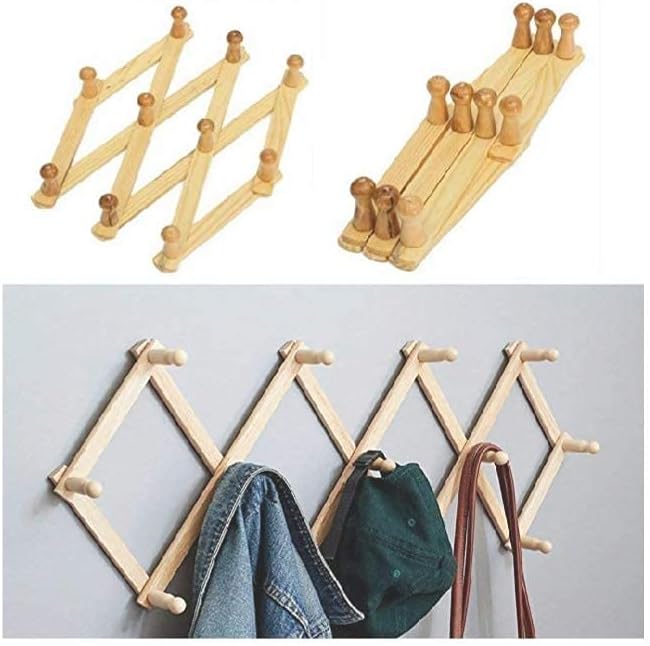 Wooden Wall Hanger Expandable Coat Rack Accordion Design 10 Peg Hooks for Hanging Storage Clothes, Hats,Caps,Scarves,Purses,Mug,Towels,Umbrella,Accessories,Mugs,X Shape