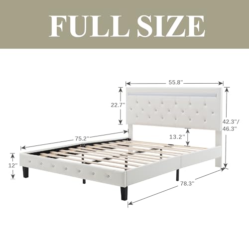 Queen Size LED Platform Bed Frame with Adjustable Headboard, Modern Platform Bed Frame with Charging Station, Wooden Slats Support, Noise Free, Easy Assembly, No Box Spring Needed, White