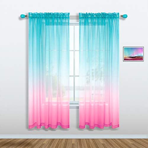 Pink and Green Curtains for Mermaid Bedroom Decor Set of 1 Sheer Panel Rod Pocket Gradient Ombre Mermaid Curtains for Girls Room Little Kids Princess Decorations 52 x 63 Inch Length