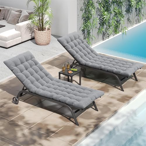 UDPATIO Chaise Lounge Outdoor Set of 3, Aluminum Lounge Chair with Removable Cushion Padding, 5 Adjustable Position Pool Lounger with Wheels and Side Table for Garden Poolside Patio (Beige)