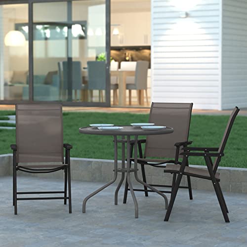 EMMA + OLIVER Priya Folding Patio Chair - Black Metal Frame - Brown Textilene Sling Style Seat - 352 lbs. Static Weight Capacity