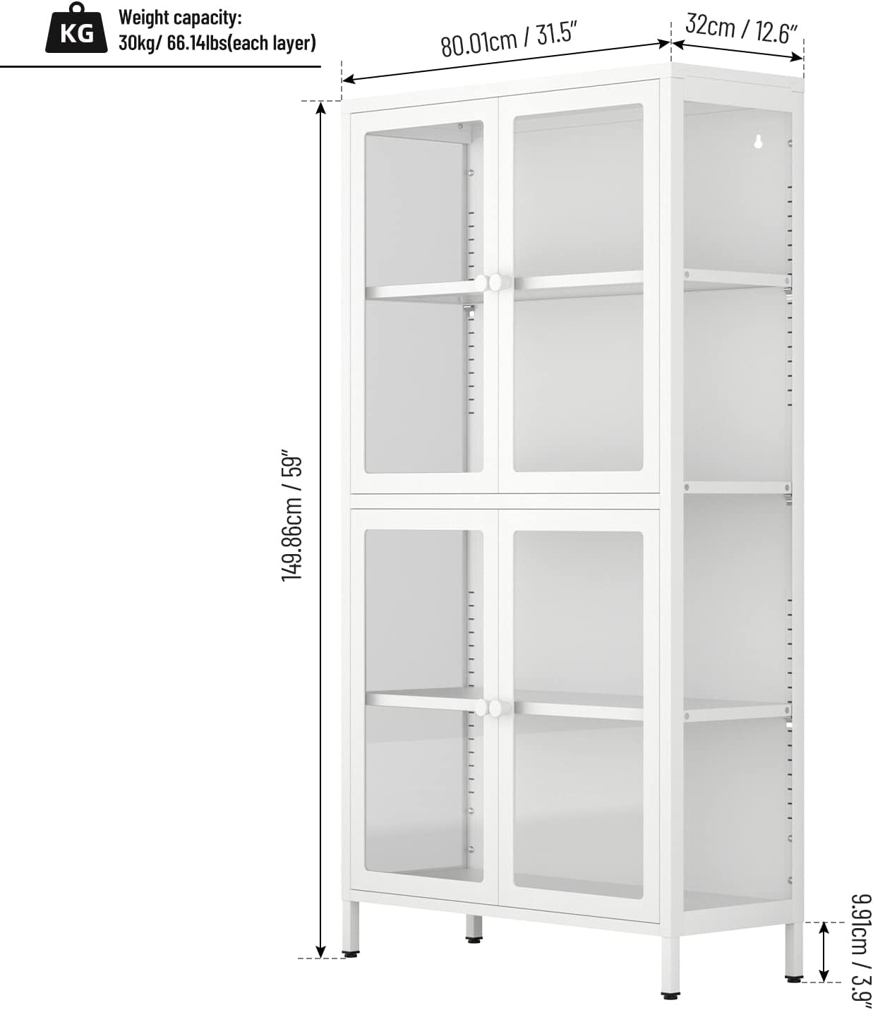 Dolonm Contemporary Bookcase with Four Glass Doors, Office Storage Cabinet with Adjustable Shelves, Bookcase with Cold-Rolled Steel Feet, Against Wall Dustproof Bookshelf for Living Room, White