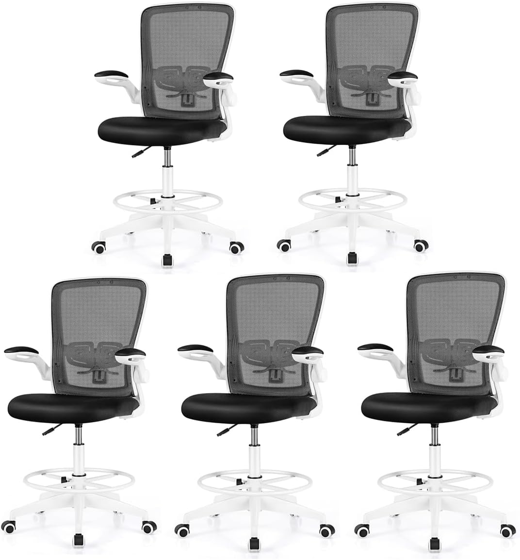 Giantex Drafting Chair Set of 5, Tall Office Chair with Adjustable Lumbar Support, Footrest Ring, Executive Height Adjustable Stool with Flip-up Armrests, Ergonomic Computer Standing Desk Chair