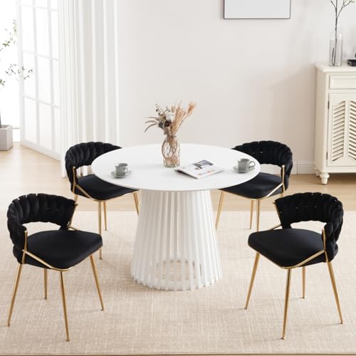 Modern Dining Chairs Set of 2, Upholstered Velvet Dining Room Chairs with Hollowed Barrel Backrest Metal Frame for Dining Room Living Room, Black