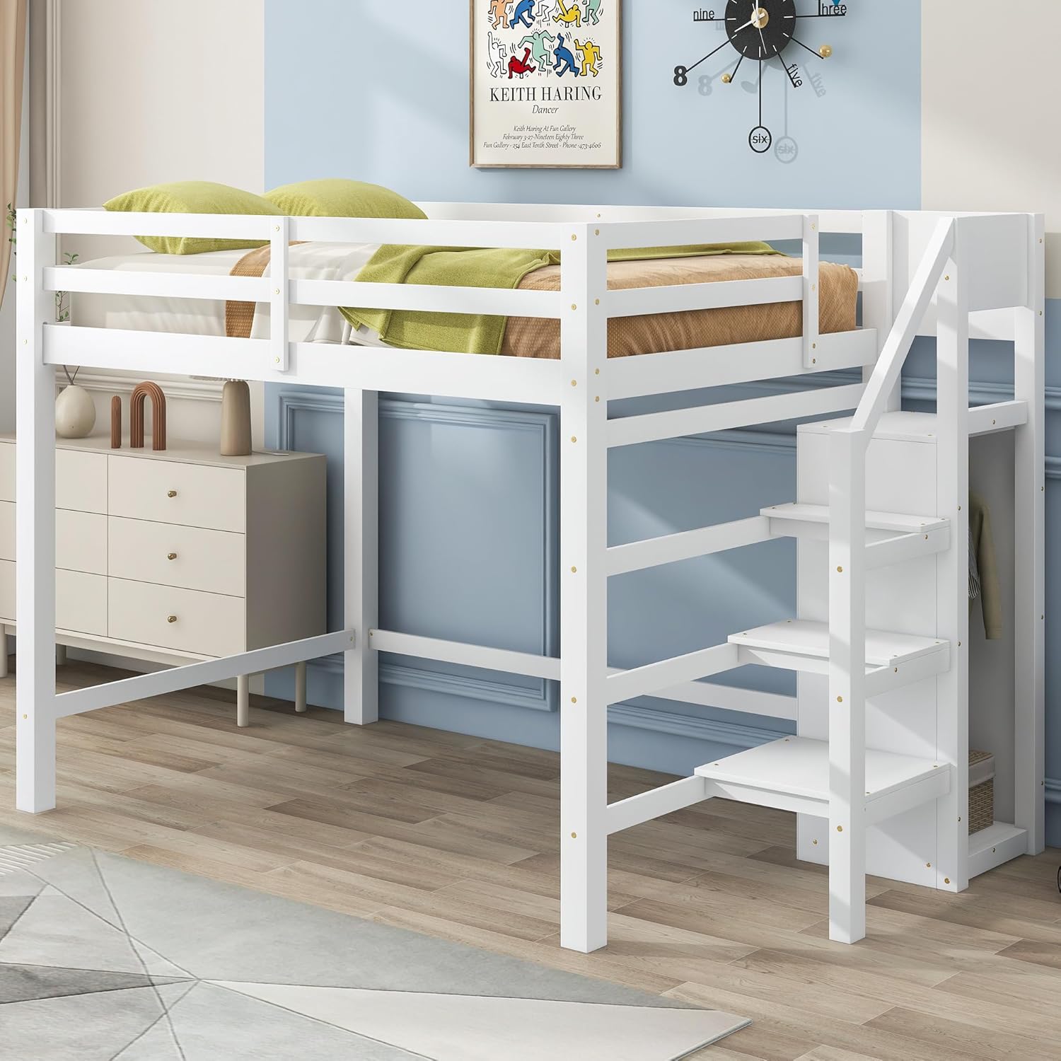 Bellemave Full Size Loft Bed with Storage Staircase and Wardrobe for Clothes,Wood Loft Bed Frame with Stairs for Teens,Kids,Space Saving(White)