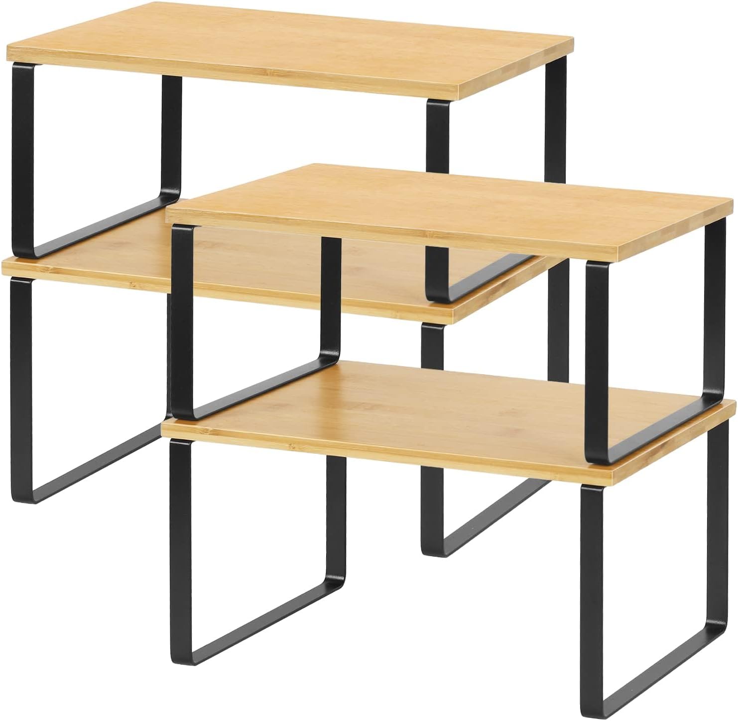 NEX Bamboo Kitchen Cabinet and Counter Shelf Organizer, Stackable & Expandable, Set of 4, Black and Natural